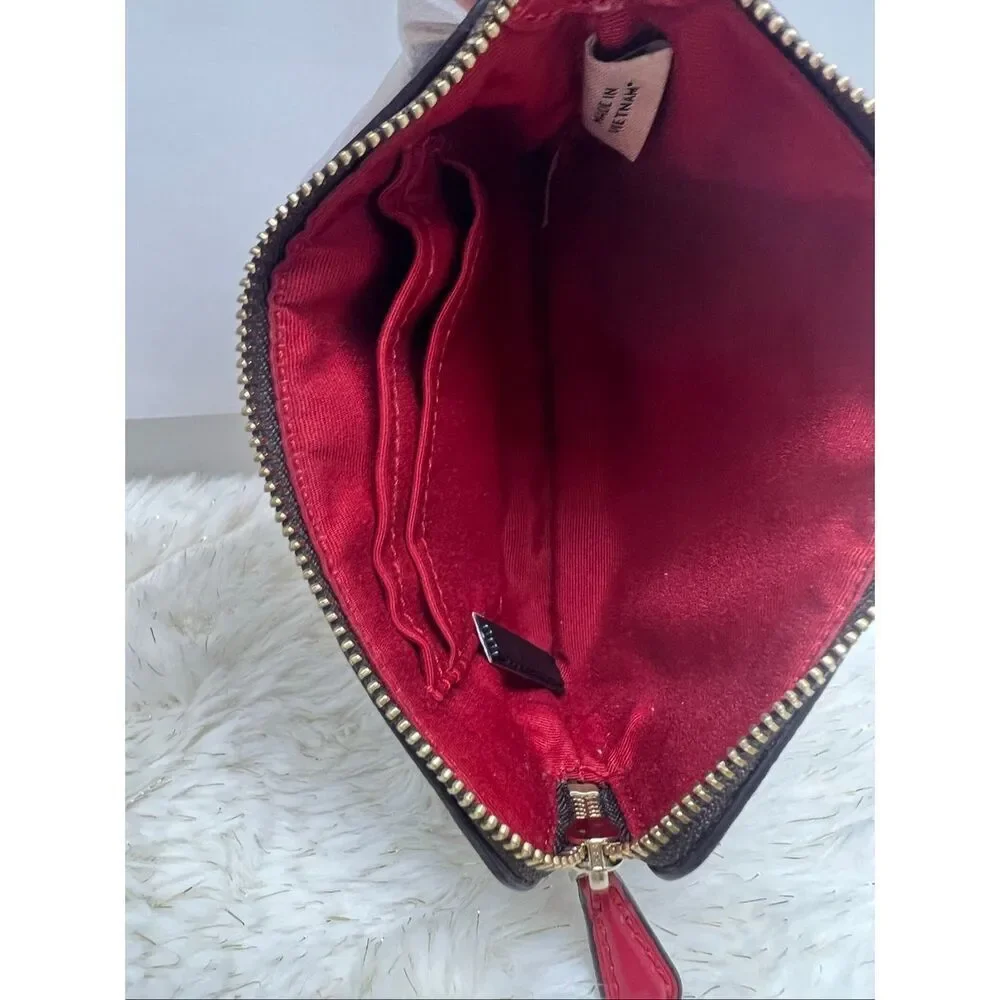 New! Coach Wristlet Wallet Brown True Red in Signature Canvas F54460